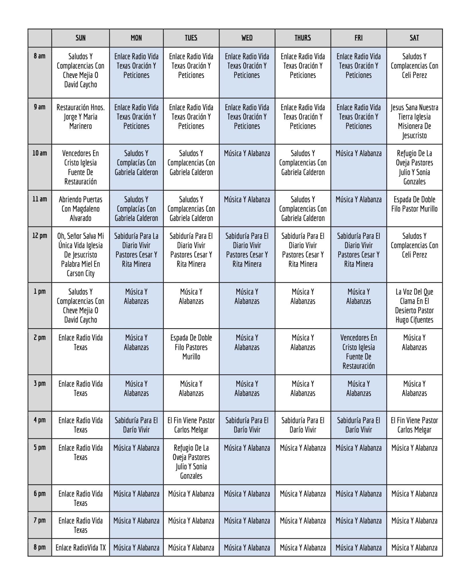 2022 Radio Vida Program Schedule